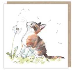 Cat with Dandelion Greetings Card