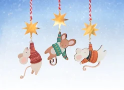 Hanging Mouse and Star Wooden Christmas Decorations
