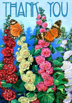Hollyhocks Glitter Thank You Card
