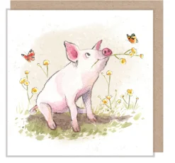 Pig With Flowers Greetings Card